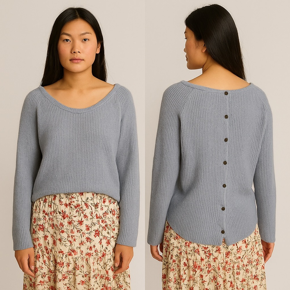 River Light Blue Lavender Scoop Neck Button Back Mohair Wool Blend Sweater Sz L